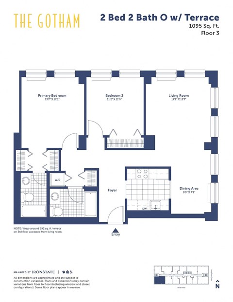 Floor plan for 2 beds, 2 baths, 1095 sqft